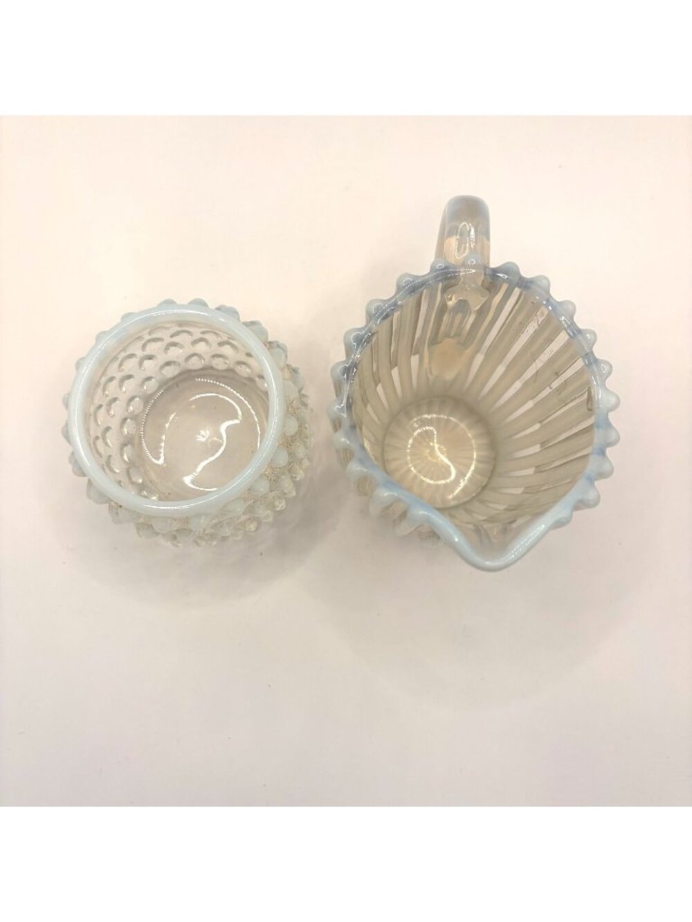 Vintage Opalescent Glass Hobnail Sugar Bowl and Ribbed Creamer Set - Picture 6 of 6